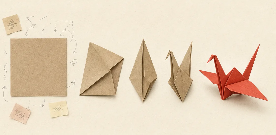Scribbled notes and a kraft paper square folding step by step into a red origami crane